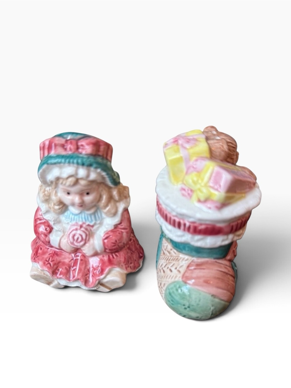 Vintage Fitz & Floyd Victorian Christmas Girl & Stocking Salt & Pepper Shakers